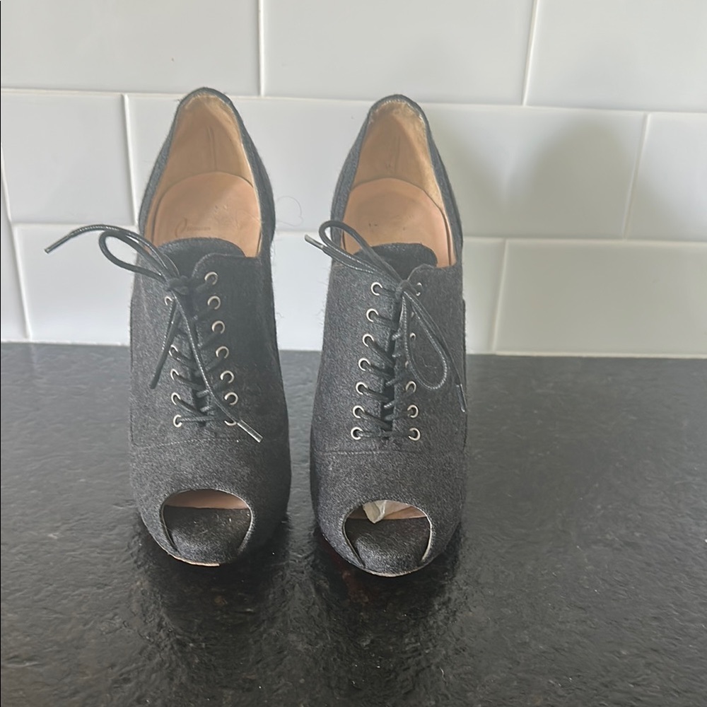 Louboutin Vintage Grey Peep-Toe Lace-Up Heels
